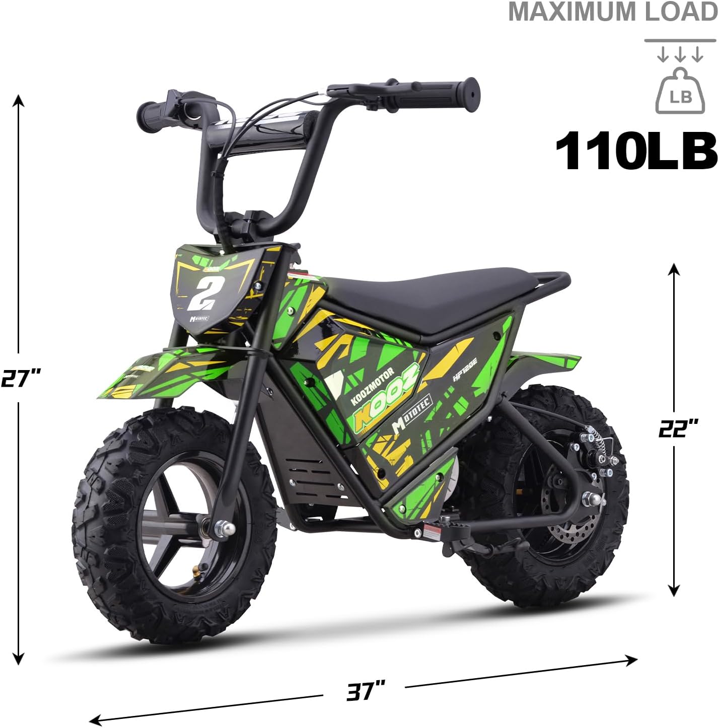 KOOZ Electric Dirt Bike with dimensions and maximum load indicated