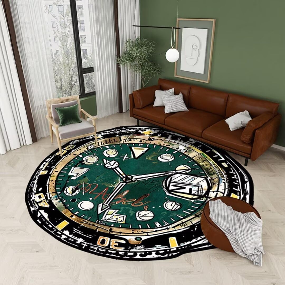 Large 5 ft Clock Area Rugs Iregular Emerald Green Throw Rug Washable Non-Slip Clock Theme Carpets for Living Dining Room Bedroom Playroom
