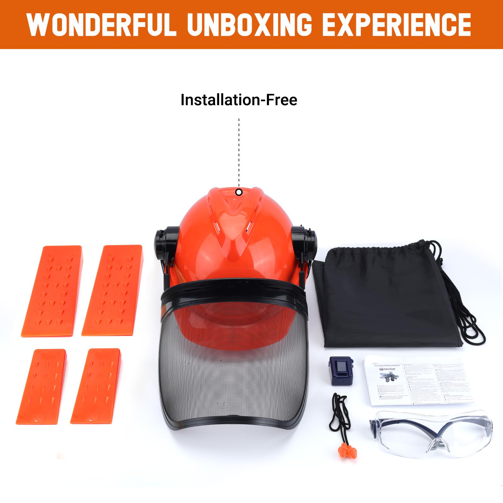SAVIOR Forstschutzhelm EN 397 mit 4 stück Fällkeil, Kettensägen Sicherheitshelm mit EN 352-3 Gehörschutz und Netzvisier, Professionelle Forsthelm Set für 54-63 cm Kopfumfang