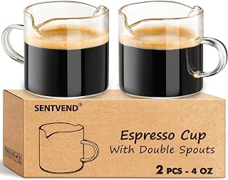 SENTVEND Espresso Cups Set of 2 - 4oz Clear Glass Double Spout Shot Glasses with Handle for Coffee, Milk, Desserts & Salad Dressing