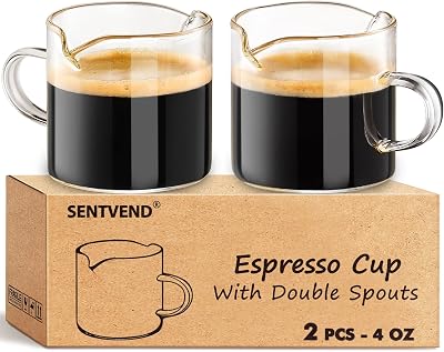 4 Oz Espresso Cups Set of 2 Double Spout with Handle Coffee Bar Accessories | Food-grade clear durable glass, Easy to clean, Smooth pouring, Ideal for coffee, desserts and salad dressing