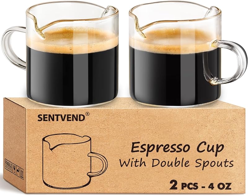 4 Oz Espresso Cups Set of 2 Double Spout with Handle Coffee Bar Accessories | Food-grade clear durable glass, Easy to clean, Smooth pouring, Ideal for coffee, desserts and salad dressing