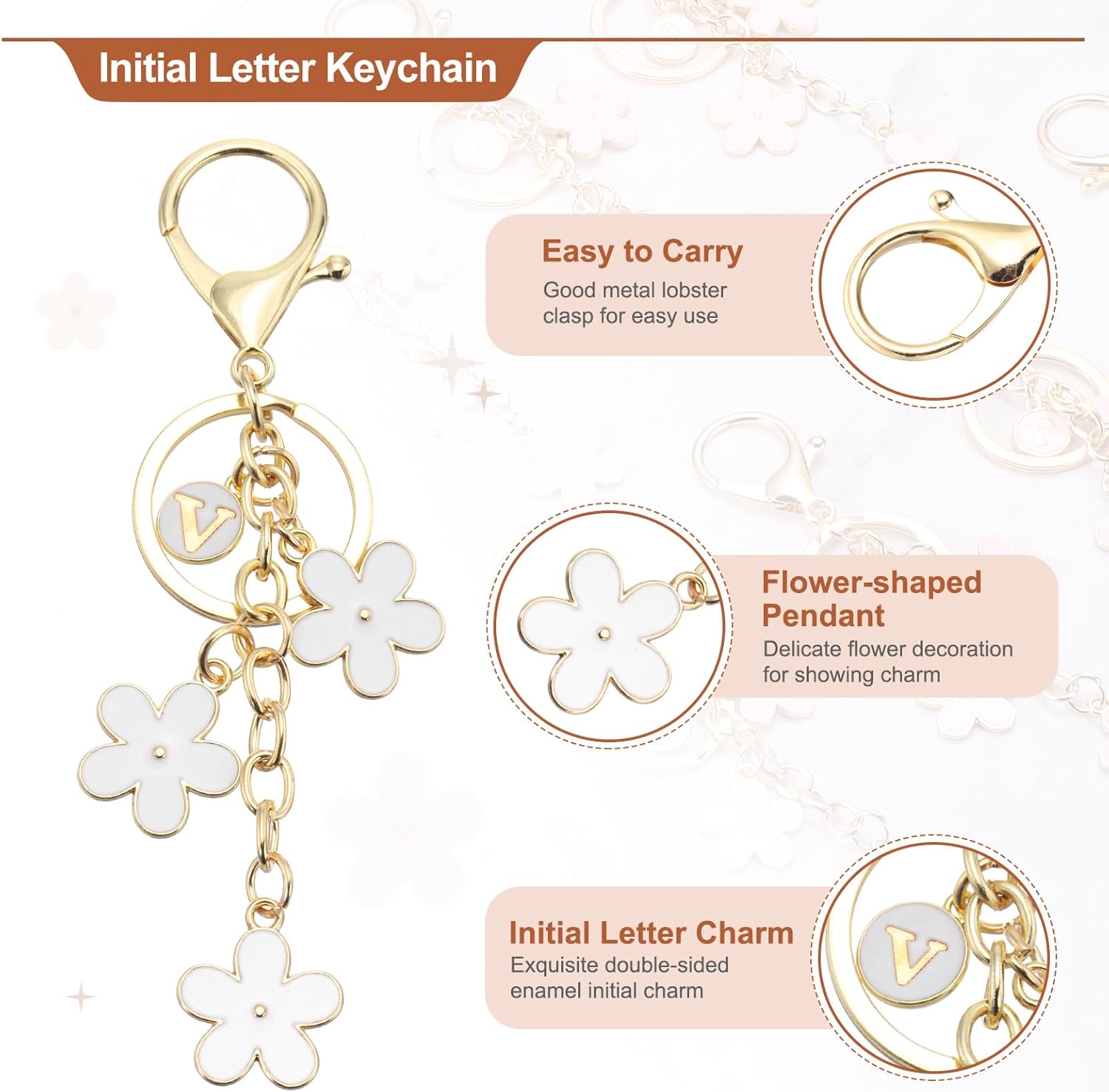 MECCANIXITY Initial Letter Keychain, Cute Flower Keychain Alphabet Keychain Charm for Women Girls - Image 3