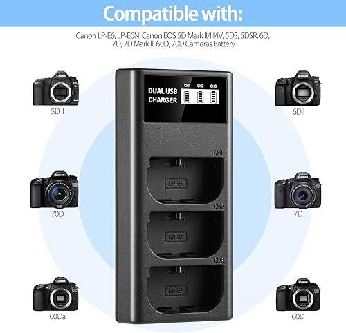 Miniatura 2 de ENEGON LP-E6 LP-E6N LP-E6NH Cargador USB LCD de triple ranura para Canon EOS 5D Mark II III y IV, 70D, 5Ds, 6D, 5DsR, 80D, 7D y 7D Mark II, EOS 60D