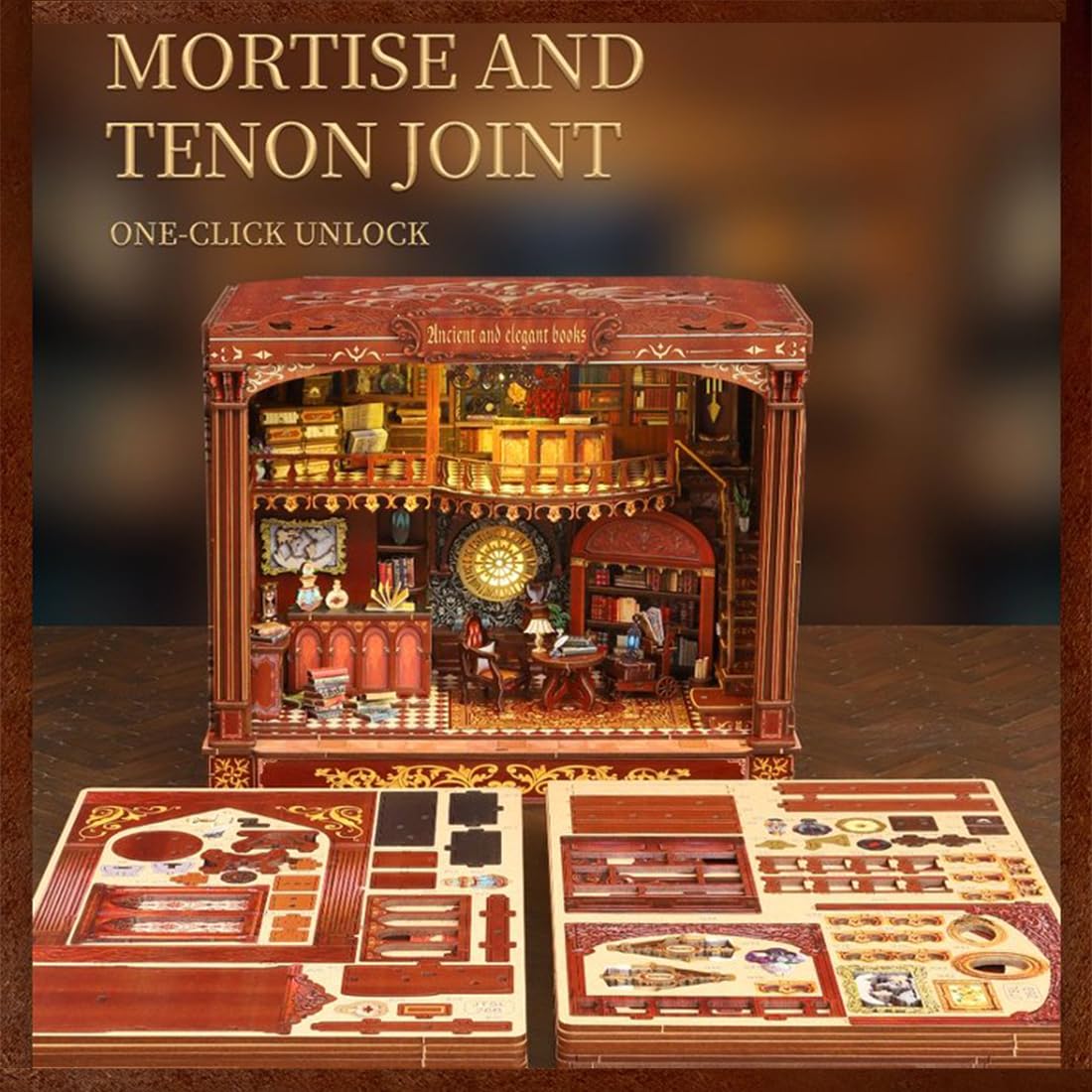 Das Beste Geschenk:DIY Miniatur Holzhaus Bücherregal-Nook Kit mit LED-Beleuchtung Holz 3D Puzzle Bücherregal，Kreatives Bastelset Kreative Dekofigur (mit Staubschutzkappe)