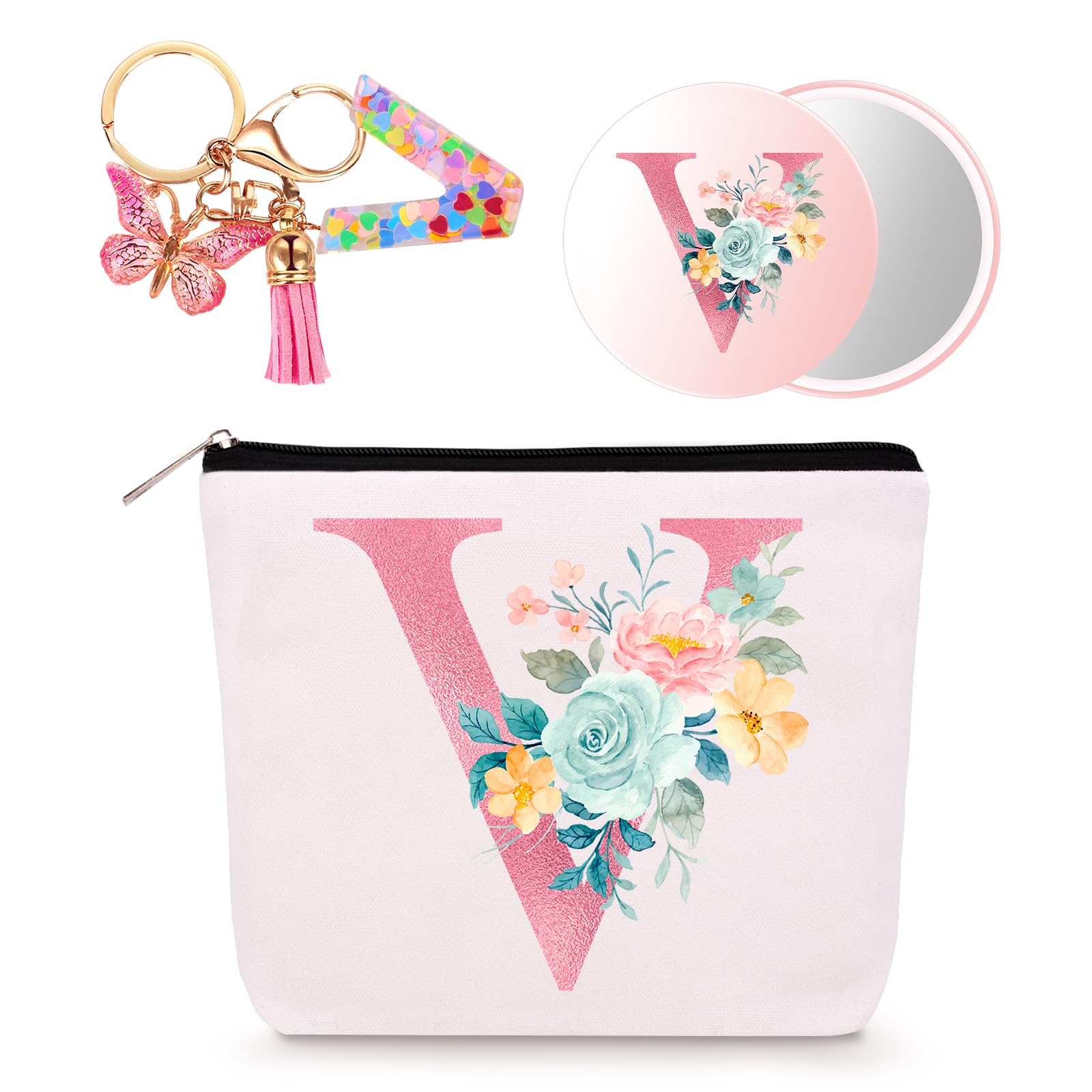 Bingtoo Personalisierte Geschenke Frauen, Kosmetiktasche mit Schlüsselanhänger und Spiegel, Make Up Tasche Kulturbeutel Makeup Bag, Geburtstagsgeschenke für Teenager Mädchen Mama Beste Freundin (V)
