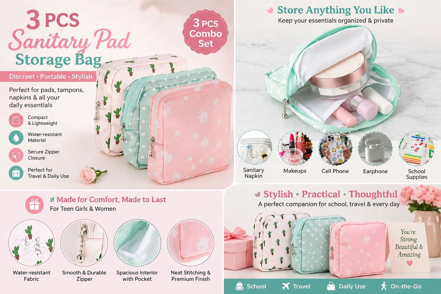 Falshruti 3 PCS Sanitary Pad Storage Bag for Women & Teen Girls | Portable Period Pouch for Pads, Napkins & Tampons | Discreet Hygiene Organizer for School, Travel & Daily Use | First Period Gift Set 4