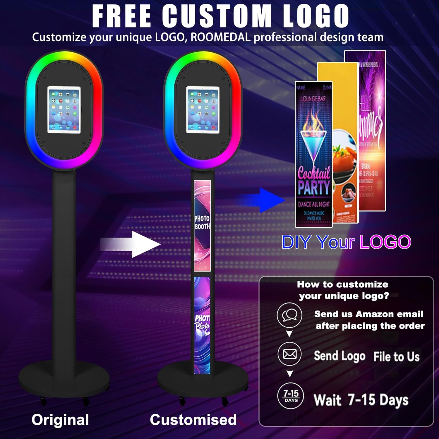 Portable Photo Booth for iPad 10.2" 10.5" 10.9" 11" 12.9" 13",Metal Shell Selfie Station photobooth Machine,RGB Ring Light,Custom Logo,for Parties Wedding Rental (Black with Honeycomb Box)