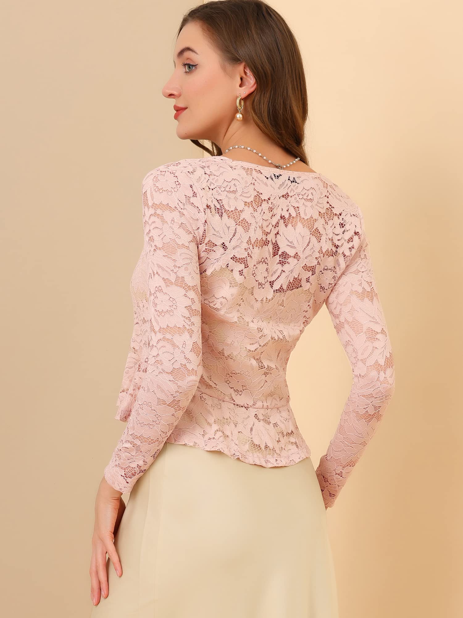 Allegra K Cárdigan Corto con Lazo para Mujer Fiesta y Cita Dobladillo con Volantes Top Transparente de Encaje Floral