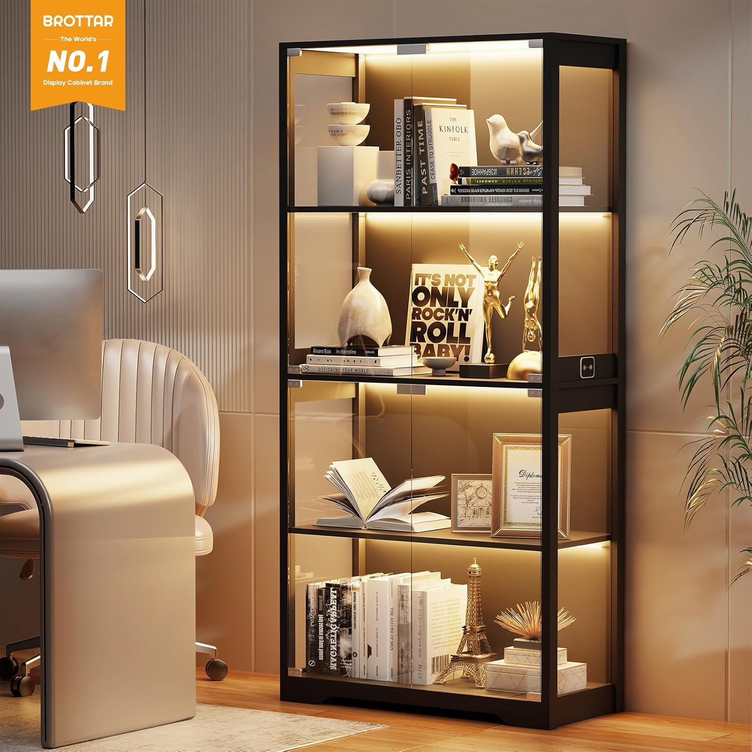 BROTTAR Beleuchtete Glasvitrine mit LED Sensor, moderner Vitrinenschrank & Standvitrine, 4 Etagen Sicherheitsglas Vitrine für Lego, Figuren und Sammlungen, Schwarz