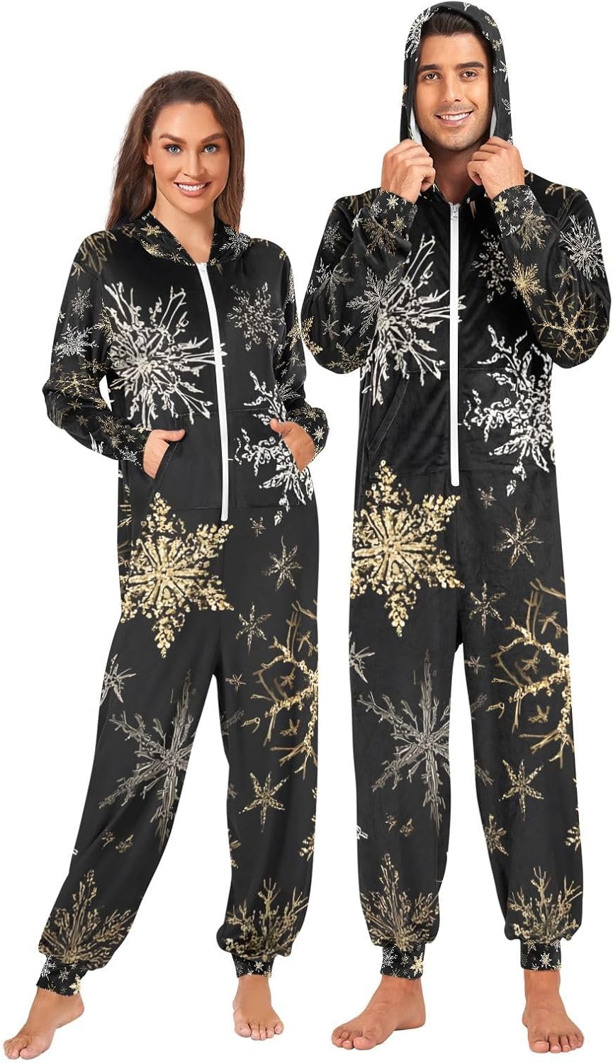 Golden Snowflakes Black Pattern Adult Onesie Pajamas for Unisex Novelty One Piece Costume Sleepwear