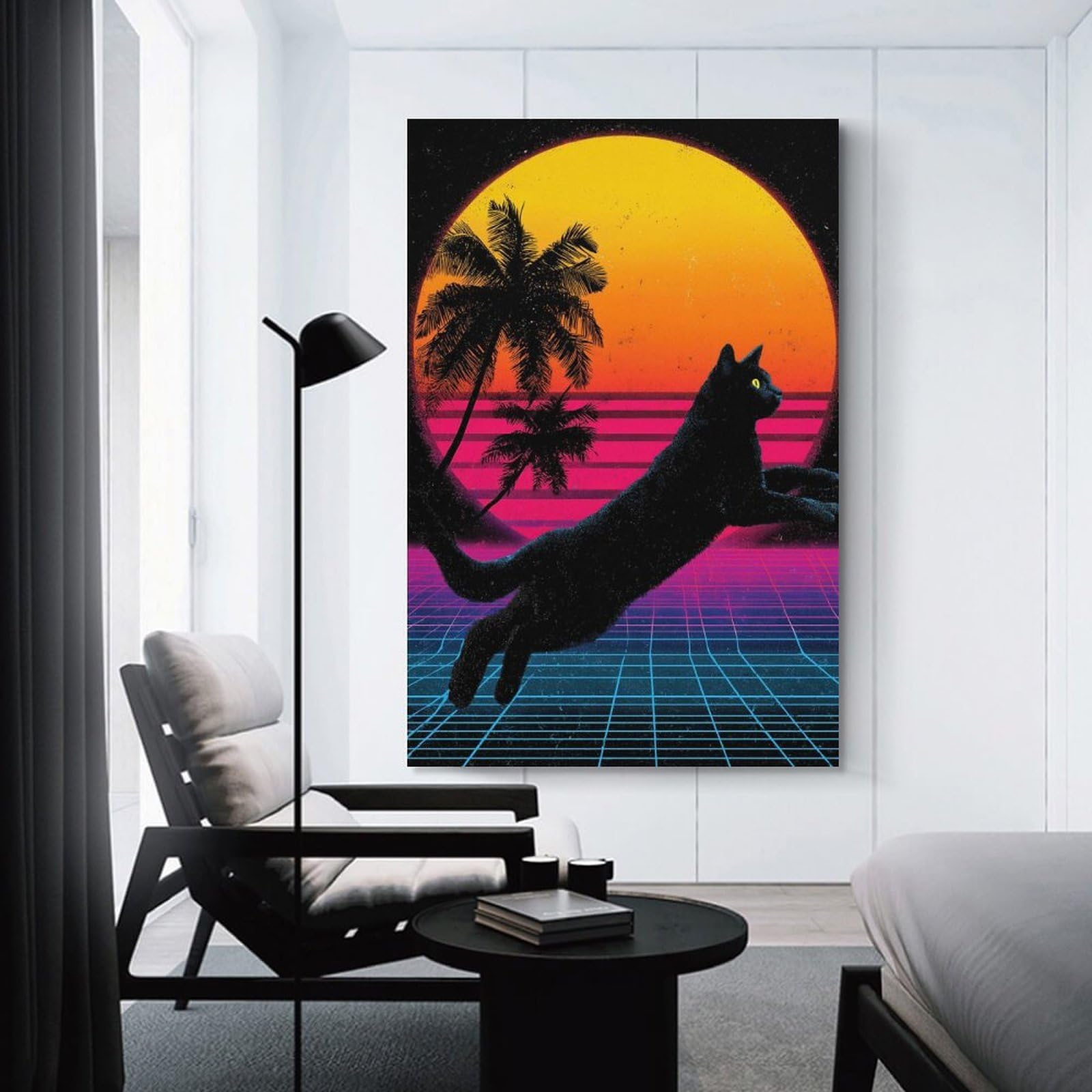 Junmoney Canvas Wall Picture Retro Cat Synthwave, 20x30inch(50x75cm), for Bedroom Decor, Cosy Corners Or Studios, A Warm Accent for Relaxed Interiors