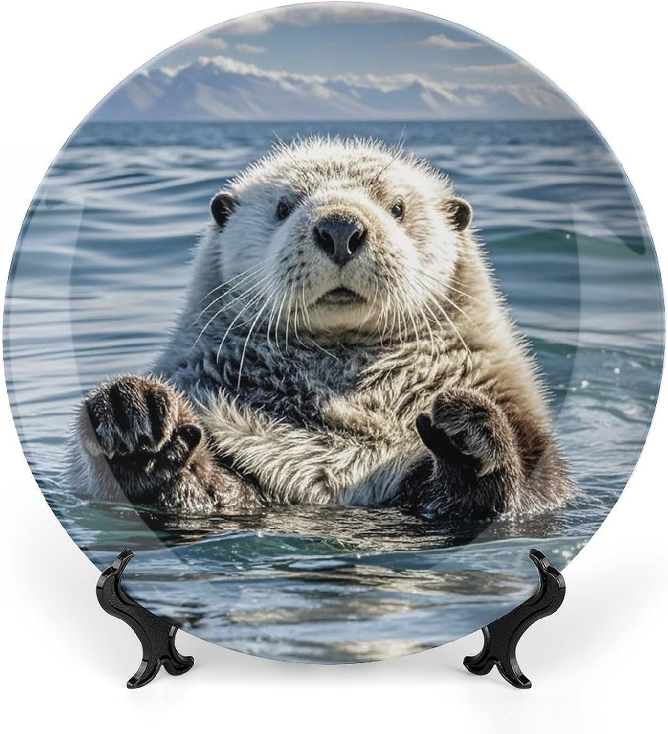 Sea Otter Decorative Ceramic Plate Round Porcelain Plate Decor Personalized Bone China Decorative Plates Ceramic Ornaments Dessert Plates with Display Stand 8inch