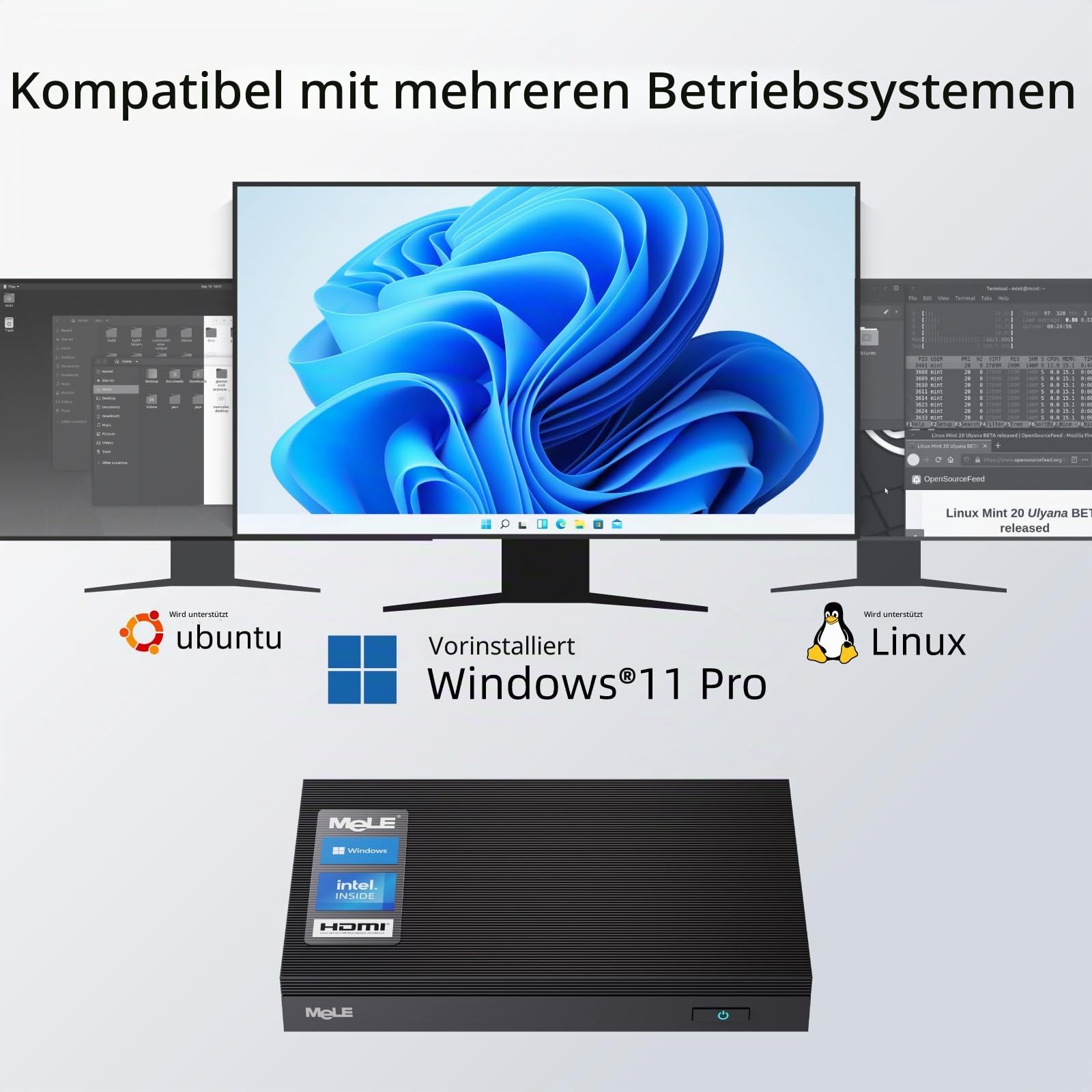 MeLE Lüfterloser Mini-PC Windows 10 Pro Celeron J4125 8GB DDR4 256GB eMMC Ultra-Thin Mini Desktop Computer 4K HDMI x2, Dual Band WiFi, USB x4 Gigabit Ethernet, BT 4.2