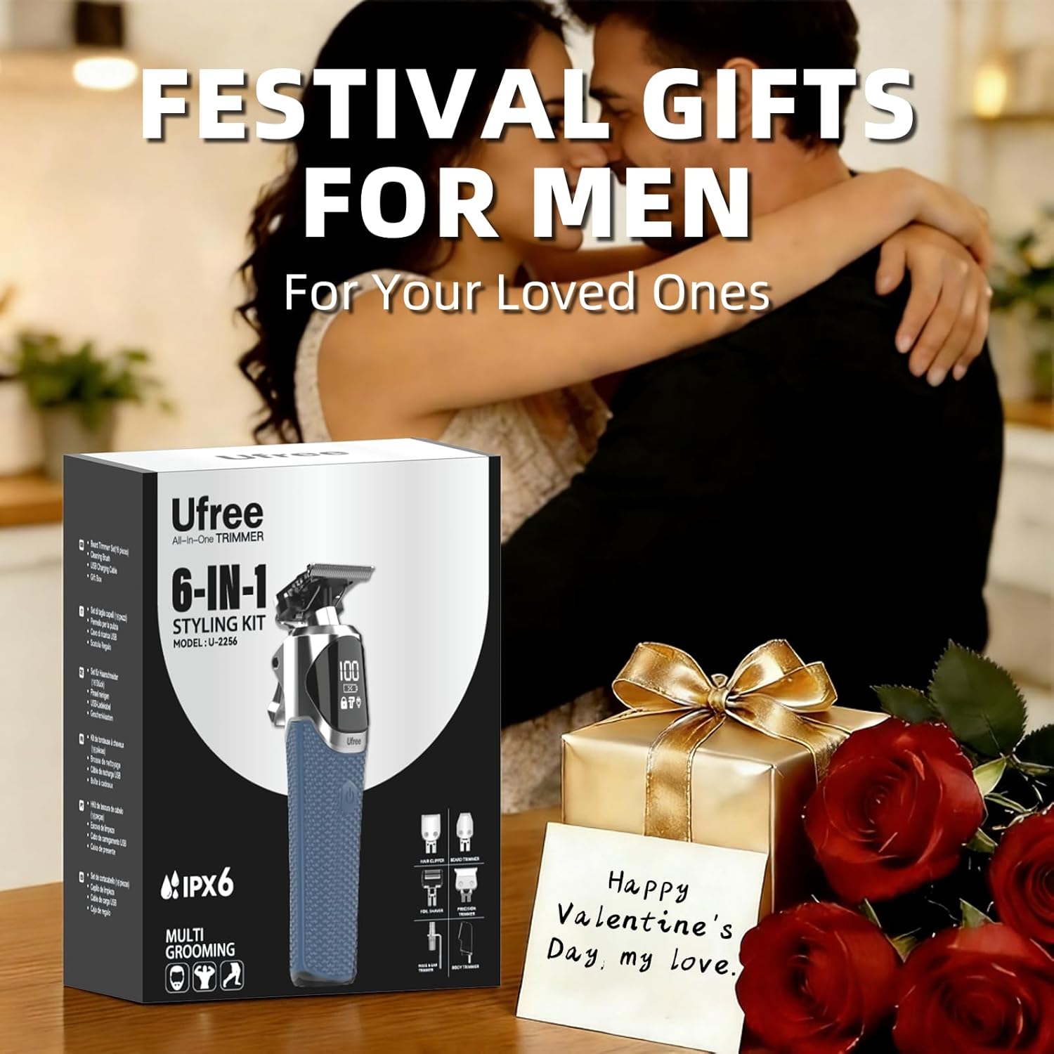 Ufree 6-in-1 Professional Beard Trimmer for Men, IPX6 Waterproof Electric Shaver Razor, Cordless Body Hair Trimmer for Mustache, Nose, Type-C Mens Gooming Kits, Birthday Valentines Gifts for Him - Image 5