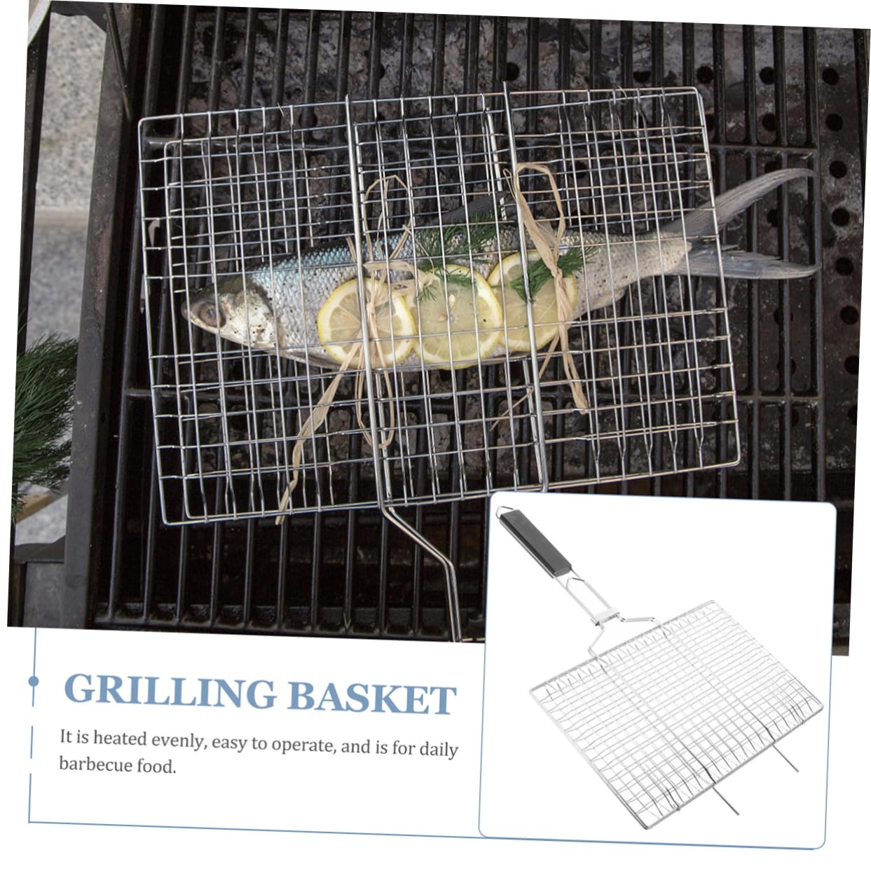Cestello Griglia Barbecue Rettangolare in Acciaio Inox Nero | Manico in Legno, Superficie Liscia e Riscaldamento Uniforme, per Cottura Domestica e Barbecue All'aperto