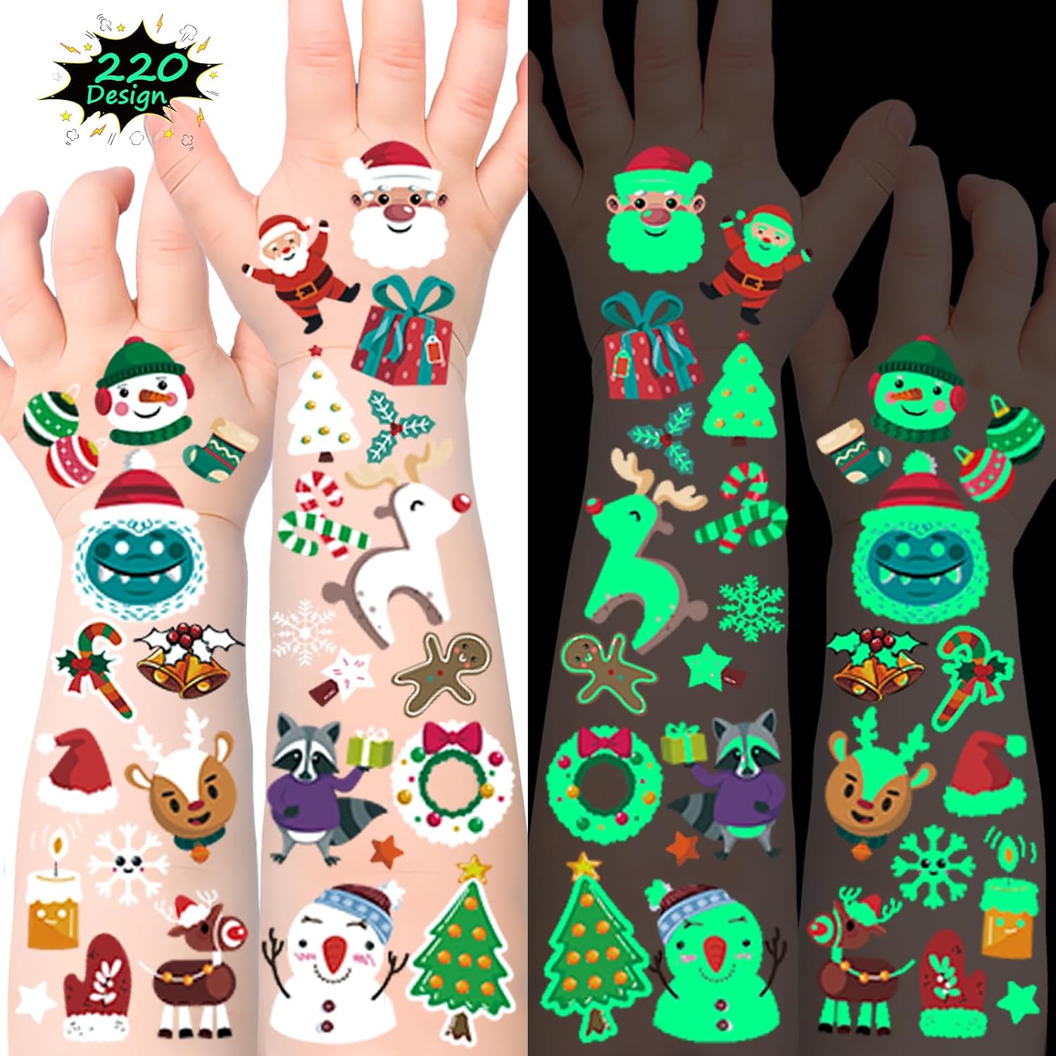 220 Styles Temporary Glow in the Dark Tattoos for Christmas