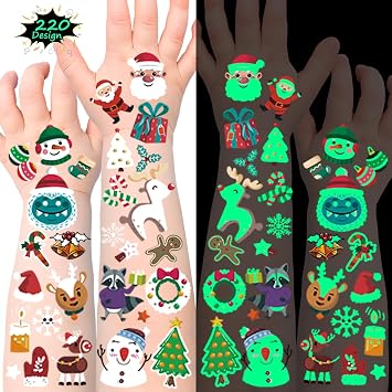 220 Styles Christmas Tattoos Temporary Glow in the Dark Tattoos Luminous Fake Temp Stickers Christmas Stocking Stuffers Gifts Party Decorations Favors Supplies Birthday Party 20 Sheets