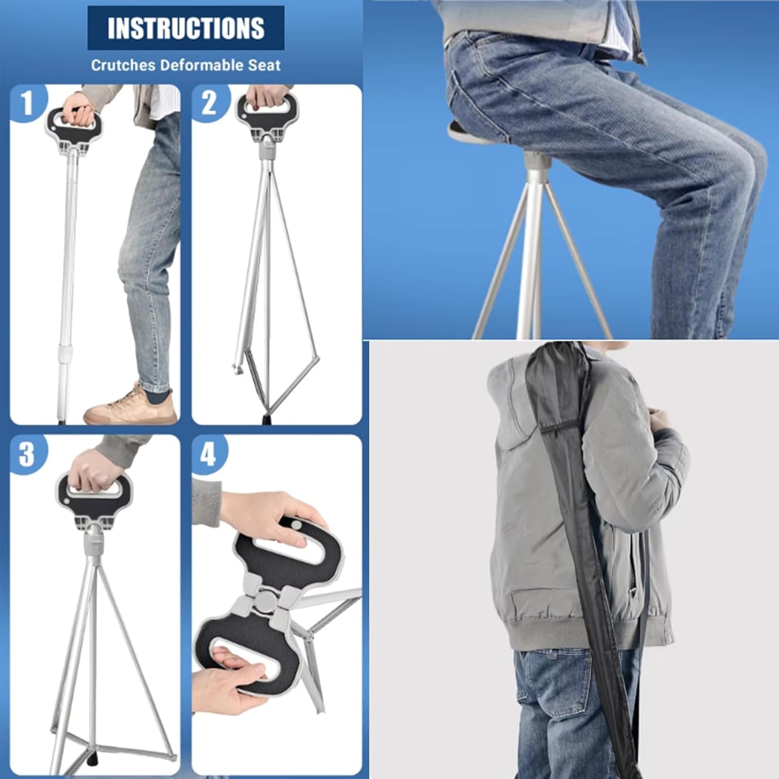 Bastone Pieghevole Portatile, Bastone da Passeggio con Seduta/Borsa, Sedie da Viaggio per Esterni, Stampelle per Ausilio alla Mobilità, Carico Massimo 330 Libbre, Massaggio Vibrante