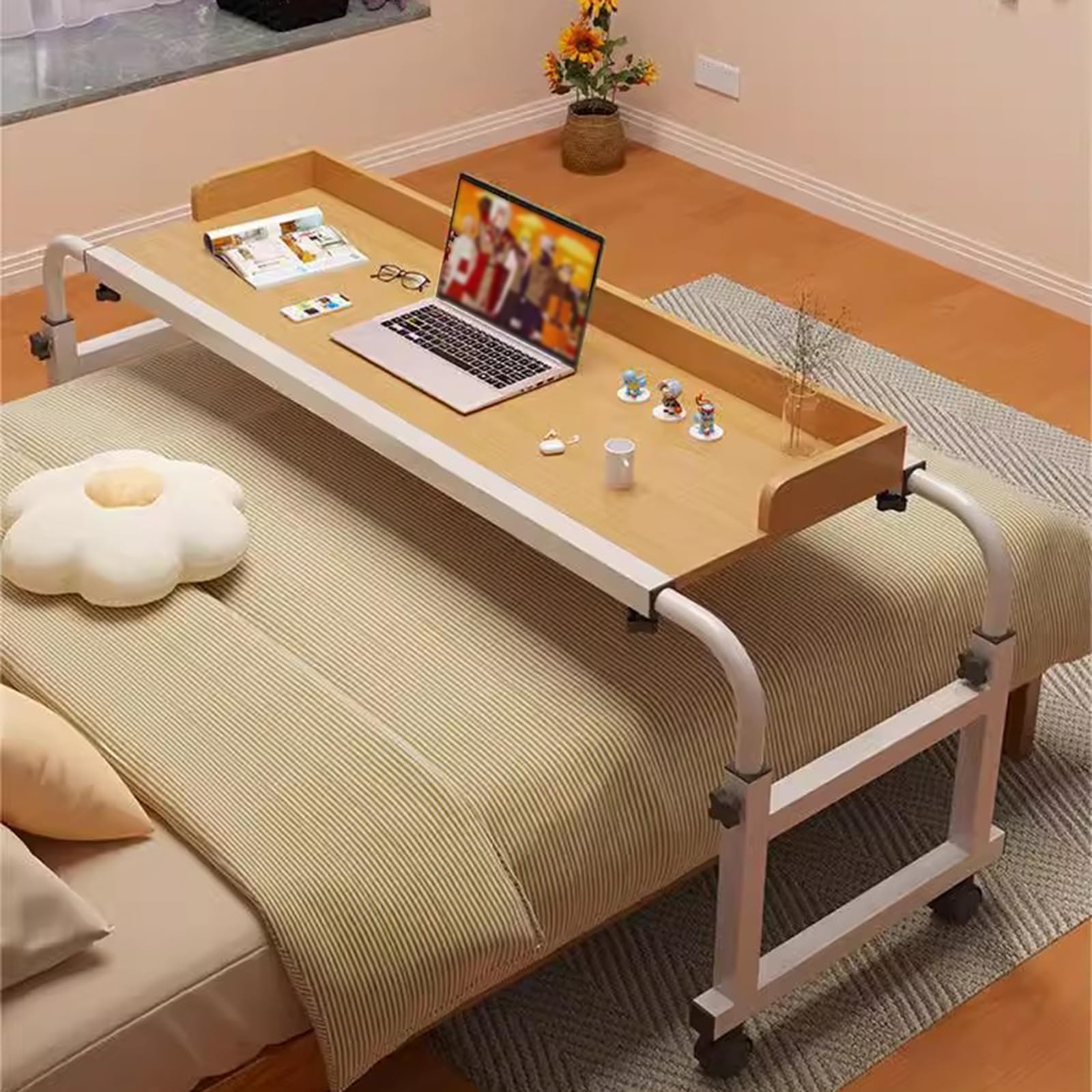 Table De Lit CroiséE avec roulettes，Table De Chevet RéGlable en Hauteur Bureau RéGlable en Hauteur Et en Longueur Table D'Ordinateur Table MéDicale(Color:Blanc)
