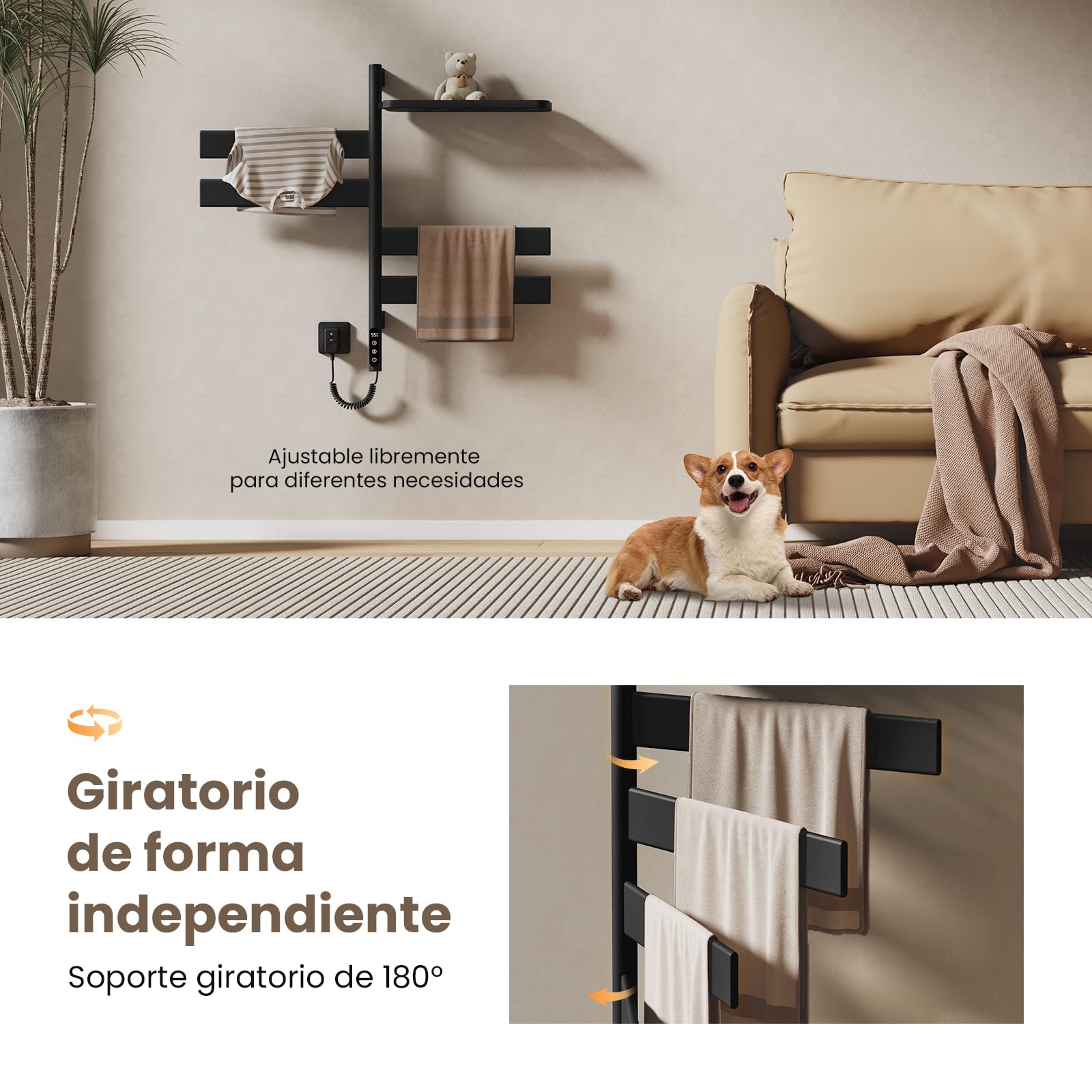 EMKE Toallero Eléctrico de Baño, Toallero Giratorio a 180°, Toallero Inteligente con Wi-Fi, Toallero Eléctrico 120W, Negro, 760x450x140 mm