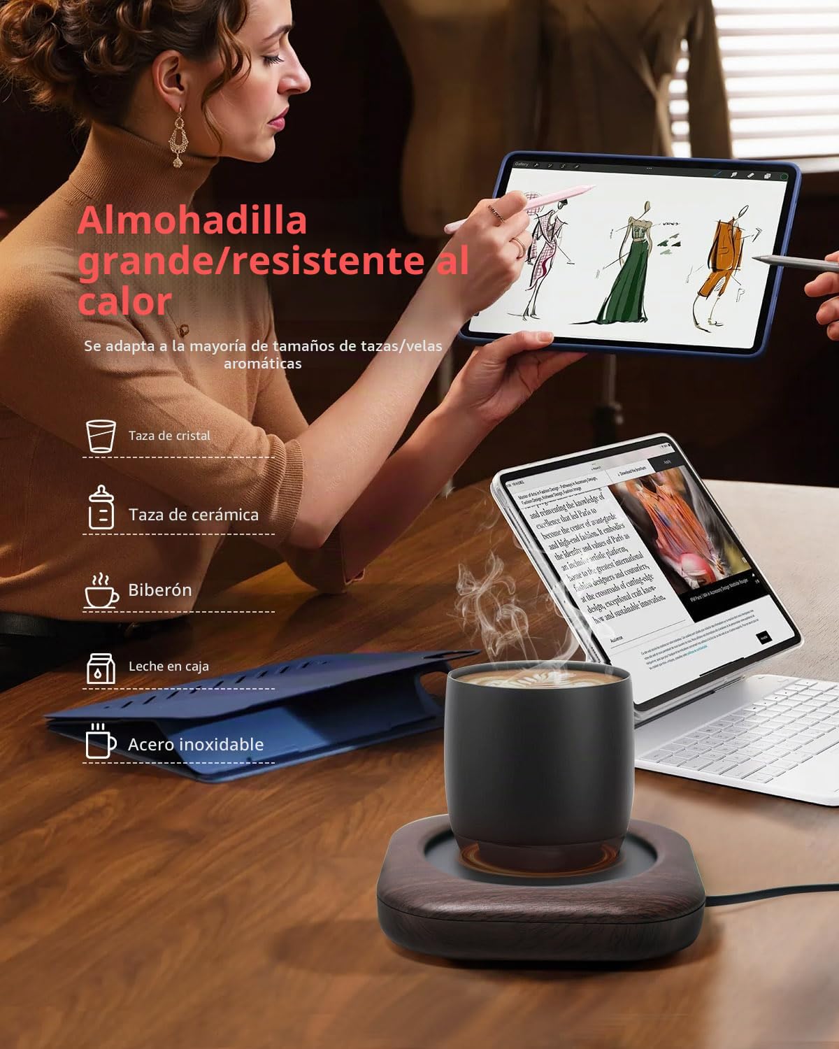 Calentador de tazas – Calentador de tazas de café de 24 W para escritorio con apagado automático de 4 horas, calentador de velas de madera inteligente de 3 temperaturas, ideal para regalos de