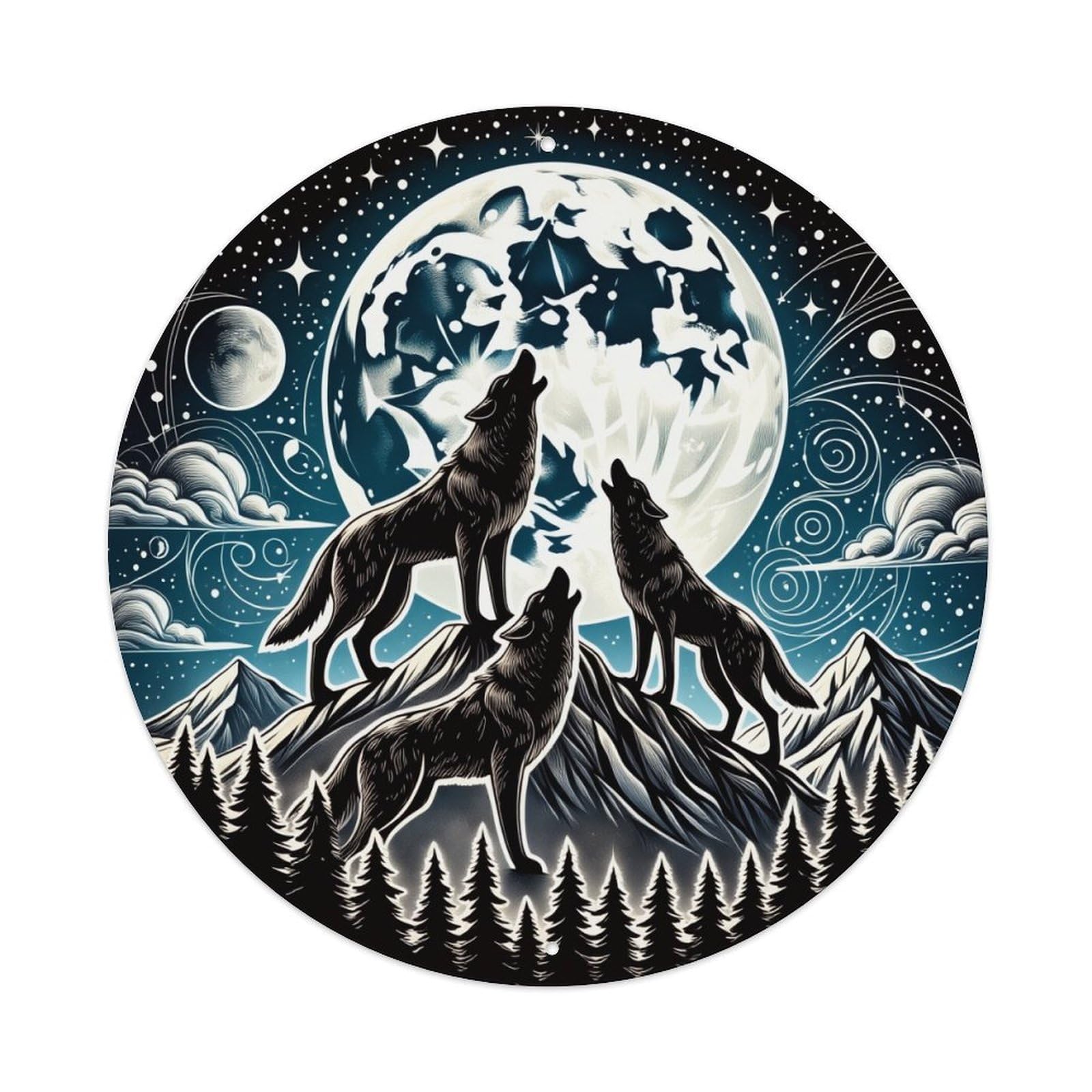 Wolf Moon Mountain Forest Stars Round Tin Sign Retro Metal Sign for Cafe Bar Pub Home Game Room Gym Club Wall Decoration Vintage Metal Poster 8x8 Inch