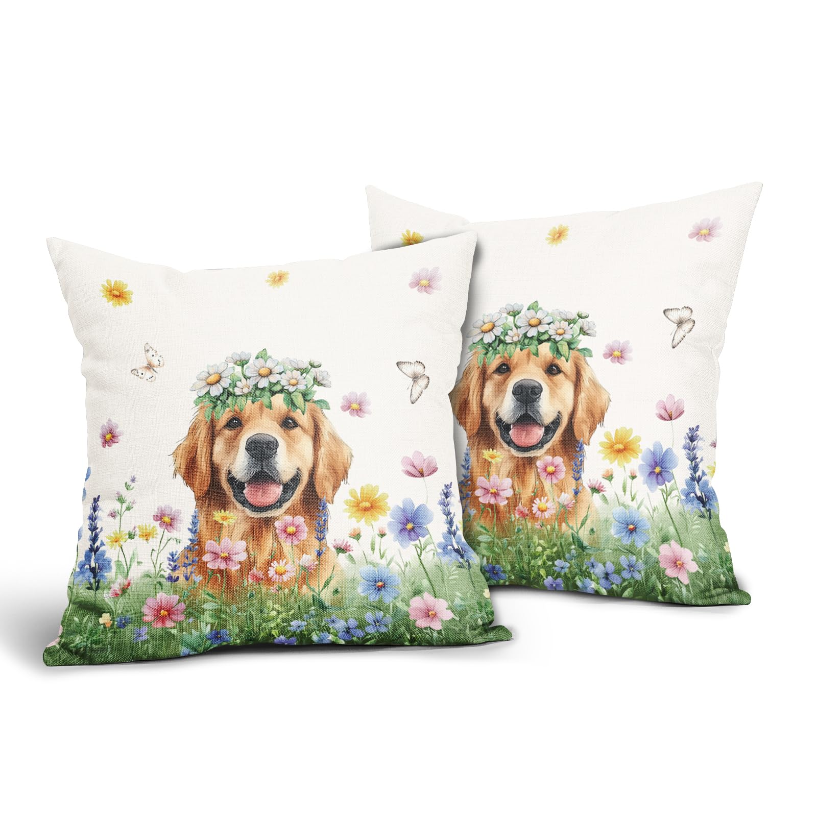 Evlaschin Spring Dog Pillow Covers Set of 2 Watercolor Wildflower Golden Retriever Puppy Decorative Throw Pillowcases 18x18 Inches Cotton Linen