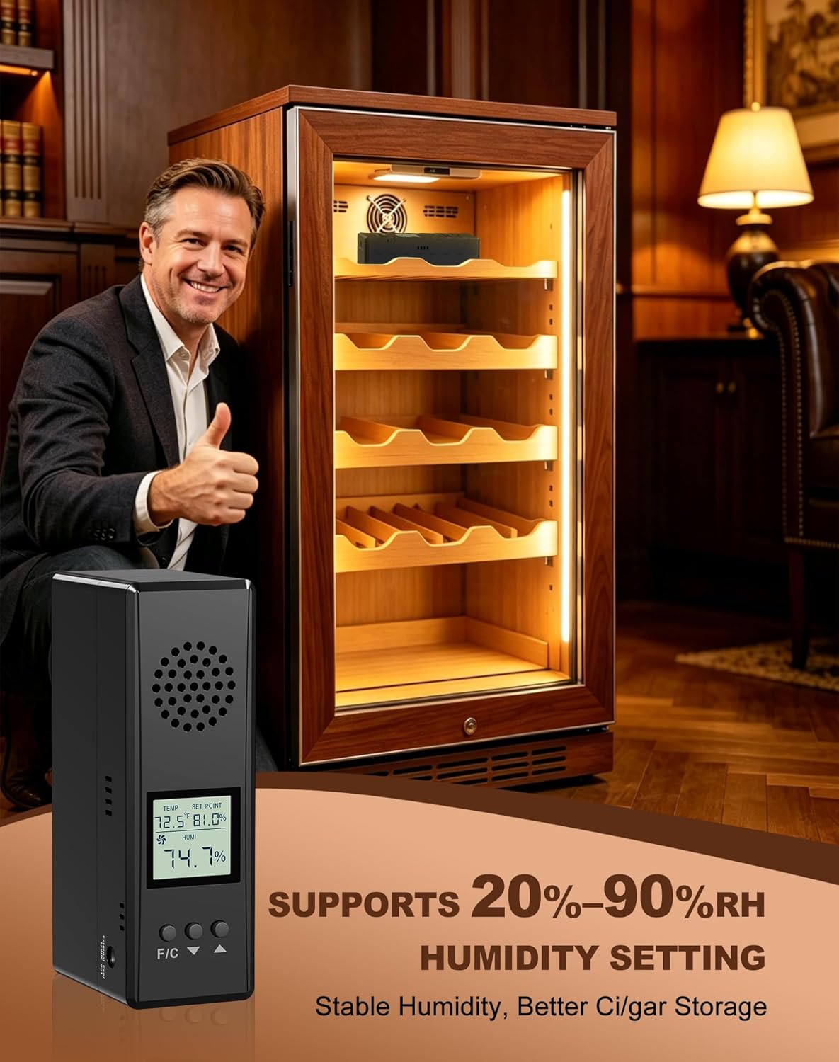 Briidea Electric Humidifier for Cabinet (Fits 8 Cu Ft), Adjustable 20%–90% RH, Quiet Operation with Real-Time Temp & Humidity Display, Precise Humidity Control, Ideal for Storing up to 300 PCS