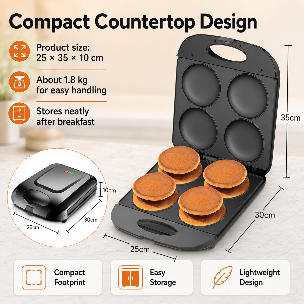 Mini máquina para hacer panqueques, máquina eléctrica para hacer arepas, 1400 W, antiadherente, hacer 4 flapjacks únicos, para cocinar muffins, huevos fritos, tortilla de hamburguesas