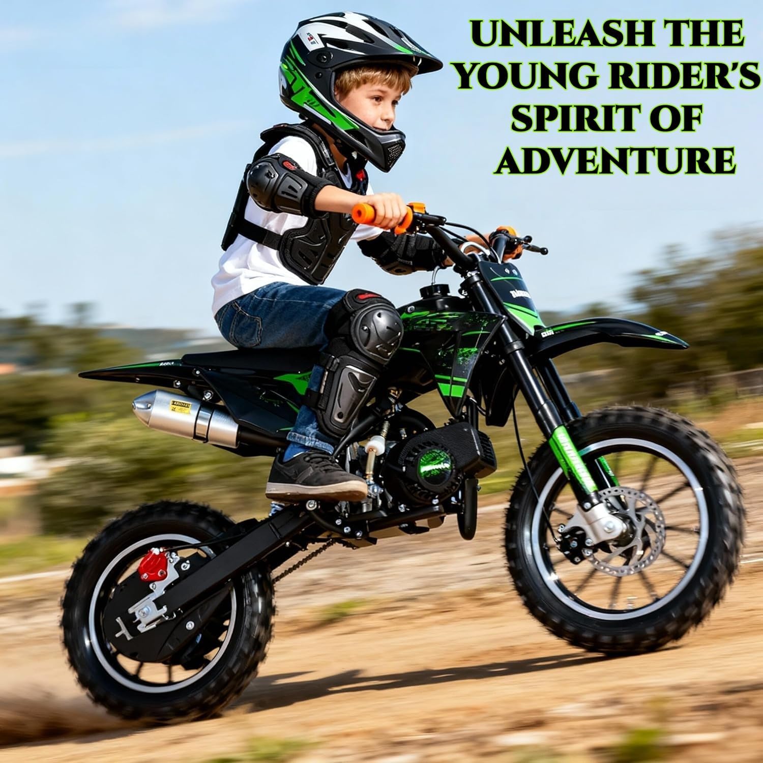 50CC Kids Dirt Bike, 2-Stroke Gas Mini Motorcycle with Front & Rear Disc Brake, 10-Inch Off-Road Tire, Up to 30 Mph, Gas Dirt Bike for Kids 8-14, Weight Support Up to 330LBS