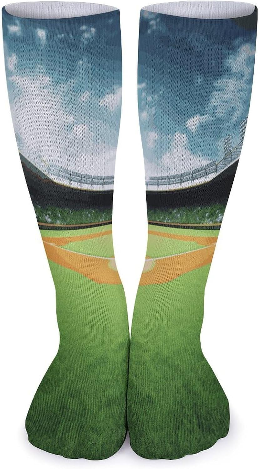 Green Baseball Field Backdrop Stocking - Cute Casual Long Athletic,Crew Sock for Men Women,Running Socks Soft Breathable for Gift