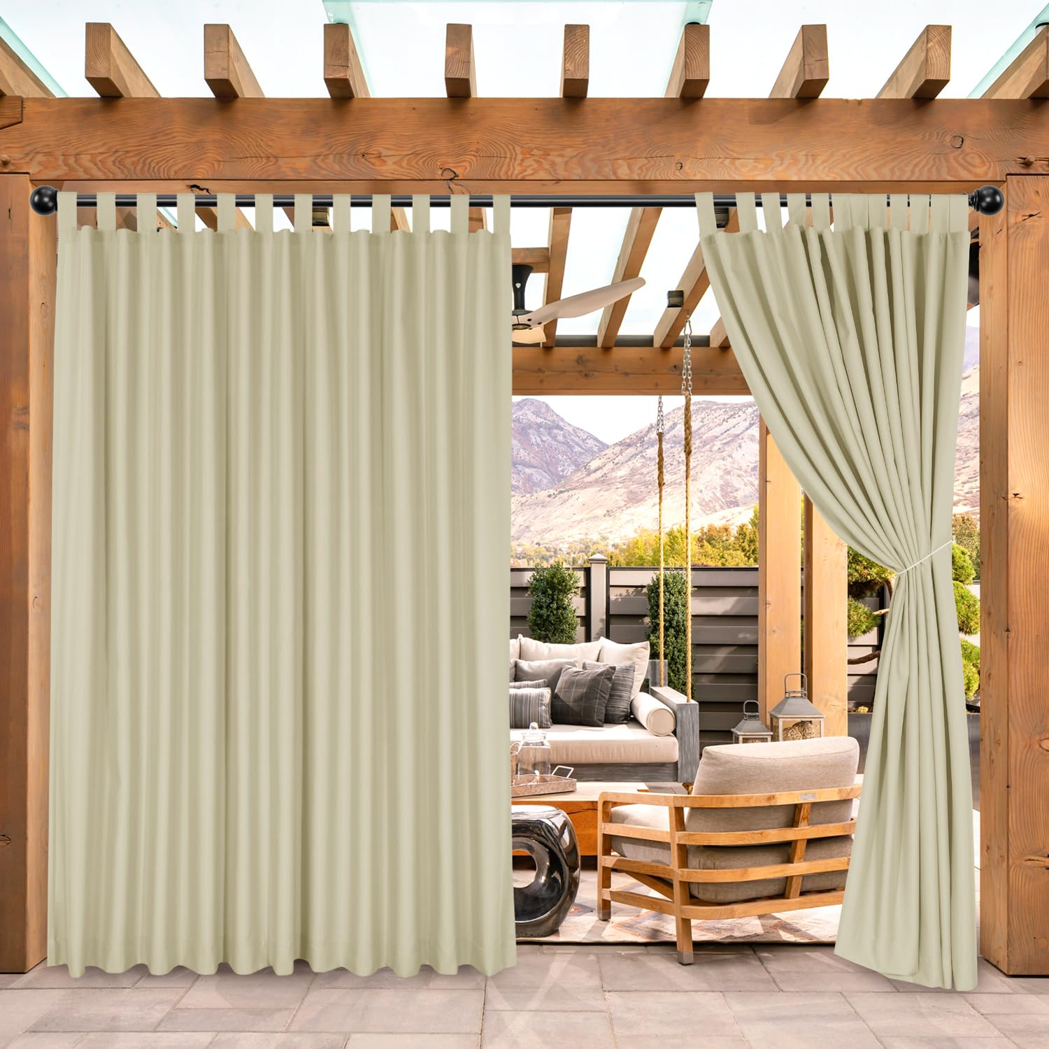 BONZER Waterproof Outdoor Curtains for Patio Porch Pergola Cabana, Weatherproof Wide Tab Top Outdoor Curtains for Gazebo, Deck, 1 Panel, 100x84 Inch,