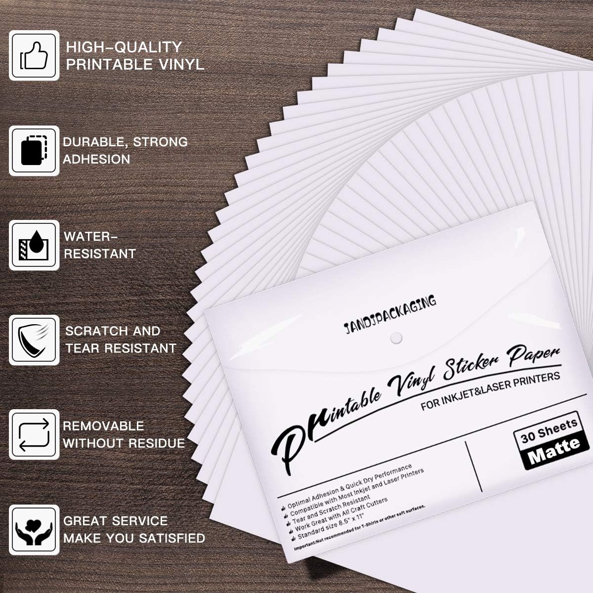 JANDJPACKAGING Printable Vinyl for Inkjet & Laser Printer - 30 Pack Printable Vinyl Sticker Paper Glossy White - Standard Letter Size 8.5"x11" : Everything Else