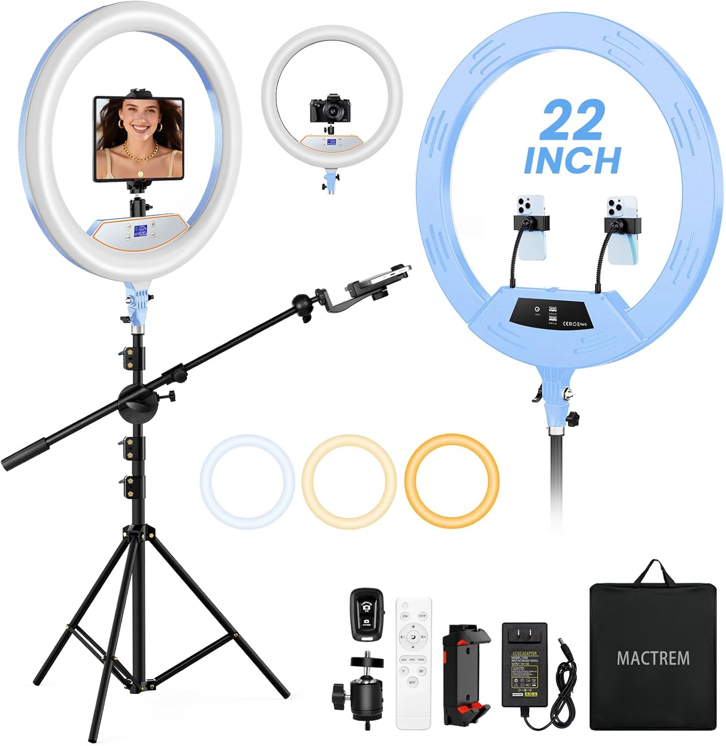 Ring Light 22inch Kit: Ring Light Tripod for iPhone ipad, with 75" Tripod/LCD Display/2 USB Ports Overhead Phone Mount for Video Recording, Zoom Meeting,YouTube,TikTok (Blue)