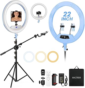 Ring Light 22inch Kit: Ring Light Tripod for iPhone ipad, with 75" Tripod/LCD Display/2 USB Ports Overhead Phone Mount for Video Recording, Zoom Meeting,YouTube,TikTok (Blue)