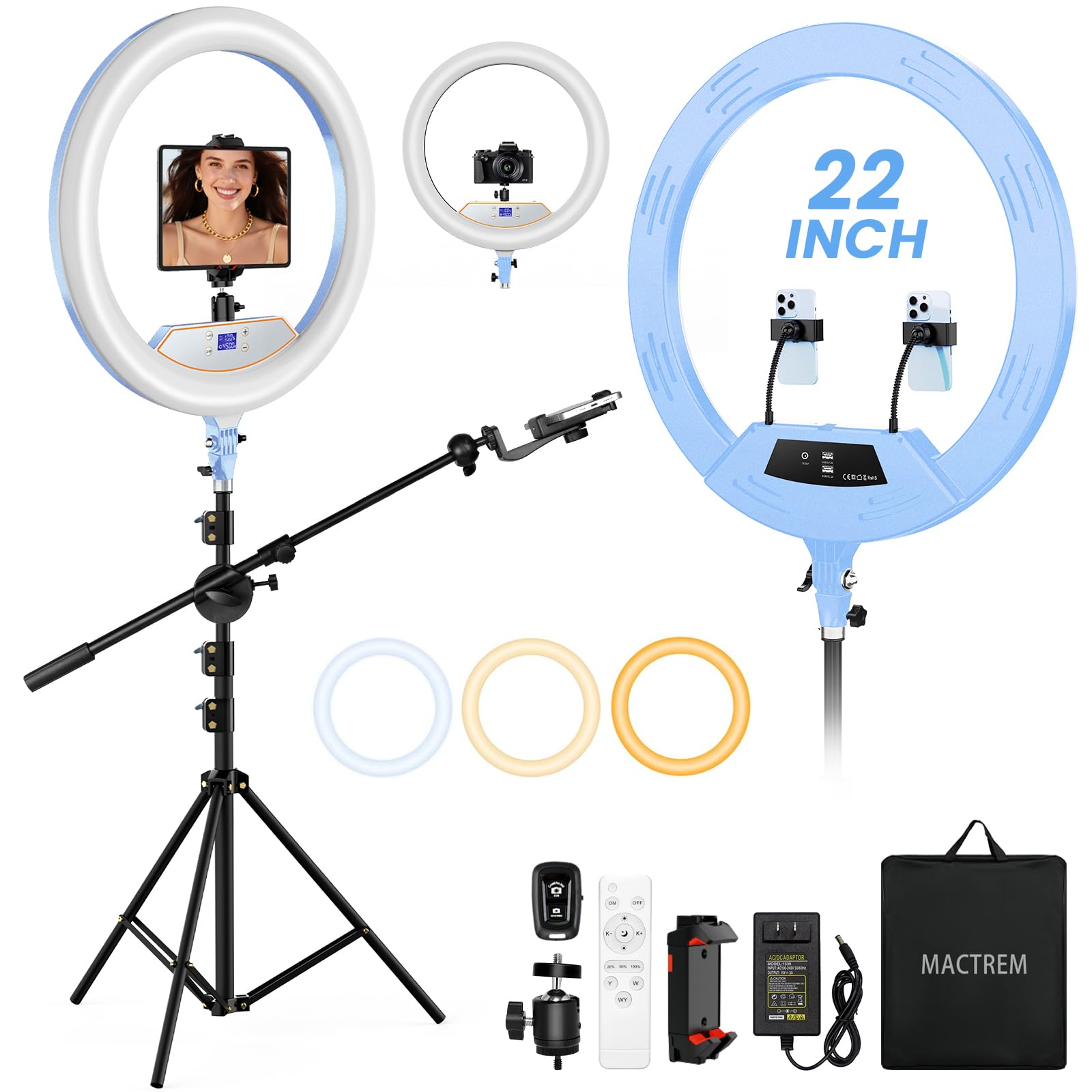 Mactrem Ring Light 22inch Kit: Ring Light Tripod for iPhone ipad, with 75" Tripod/LCD Display/2 USB Ports Overhead Phone Mount for Video Recording, Zoom Meeting,YouTube,TikTok (Blue)