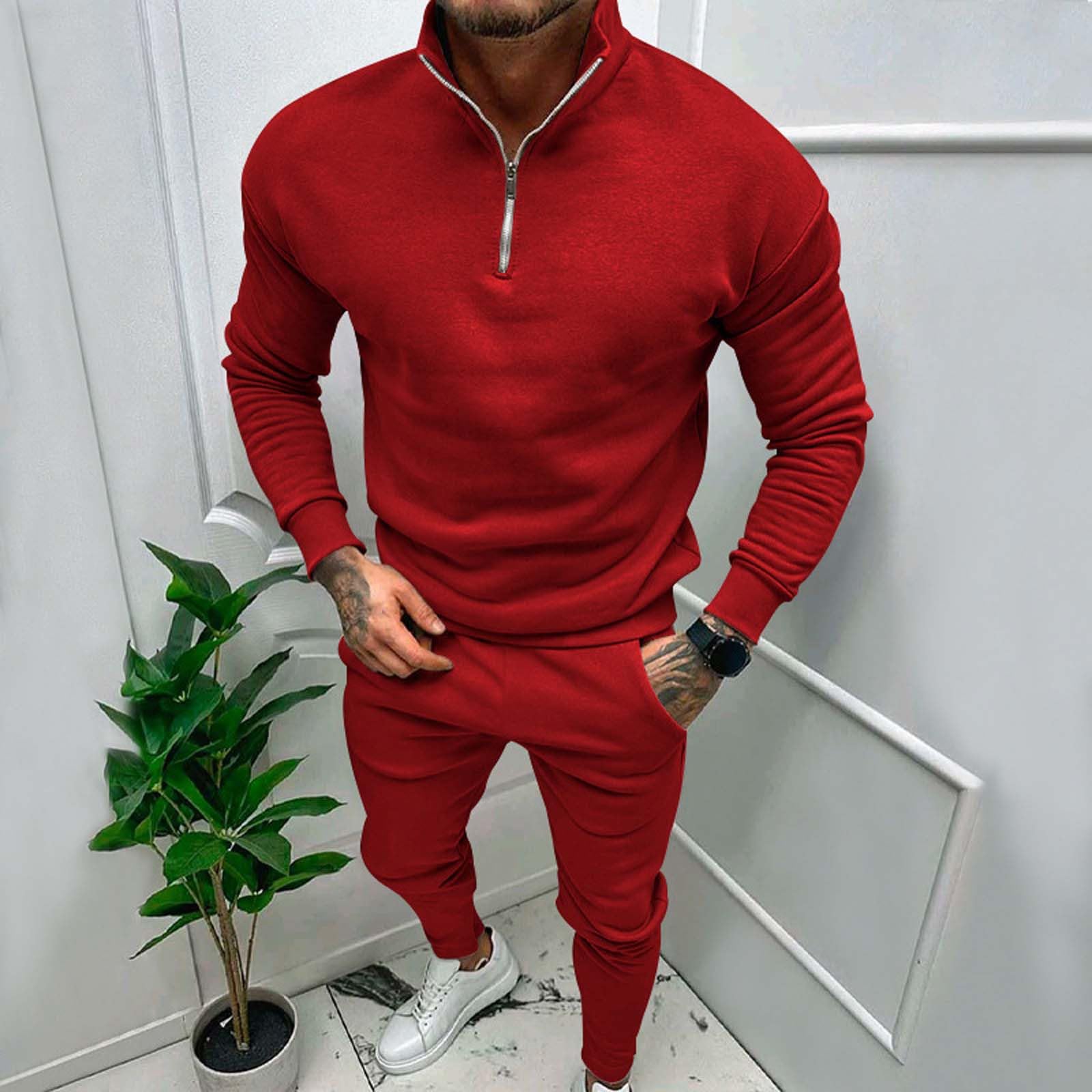 Męski dres treningowy z zamkiem do połowy, 2-częściowy, bluza i joggery, beżowa odzież domowa z wysokim dekoltem, strój dla mężczyzn, miękka bawełniana odzież sportowa, dopasowany krój, wygodny dres