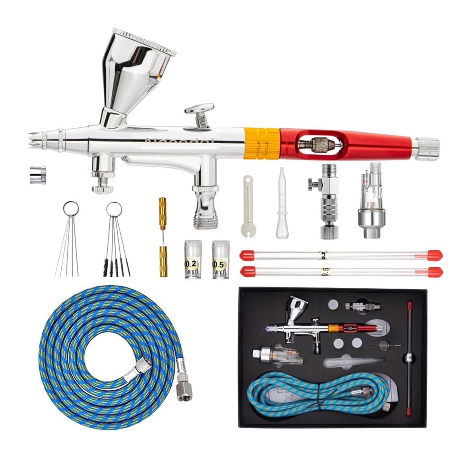 Juego de aerógrafo – Pistola de pulverización de doble acción para pintura, uñas, maquillaje y arte de tatuajes – Incluye boquillas de 0,2 mm, 0,3 mm y 0,5 mm – Herramienta de bricolaje
