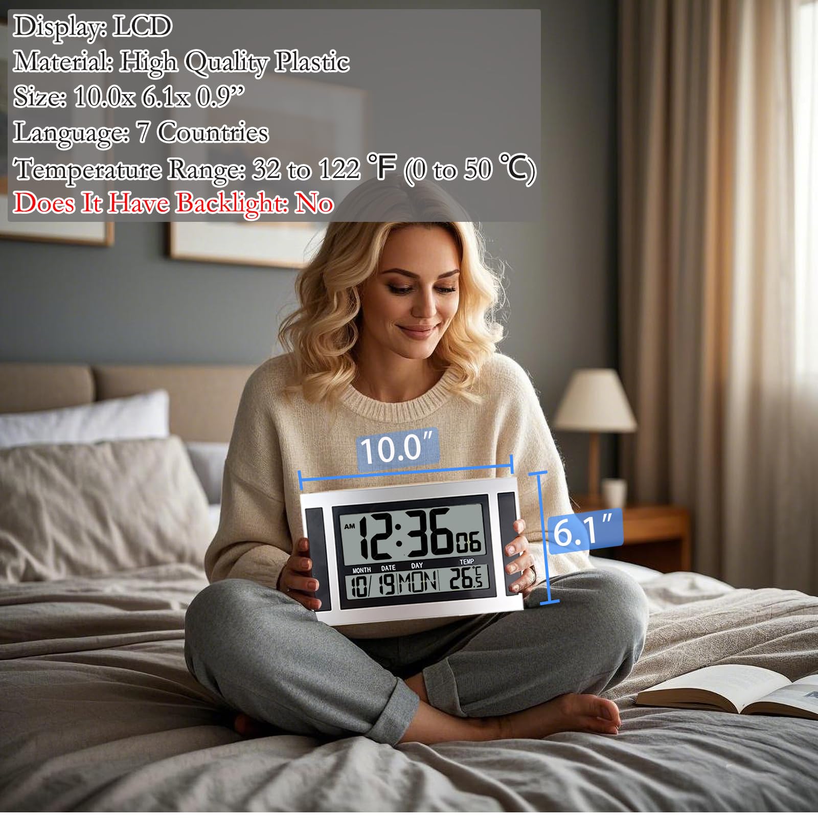 Orologio da parete digitale con grande display da 11,5 pollici, funzionamento a batteria con grandi numeri, orologio da scrivania con ora, data, temperatura, 2 allarmi con snooze, facile da usare per