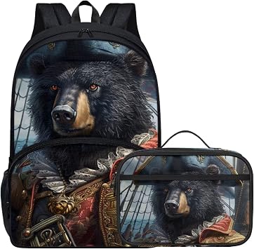 Animal Backpack with Lunch Box for Kids Lightweight 17 Inch Bookbag Unique Black Bear Print Backpack for Boys Girls School Bag Elementary Student Personalized Bookbag and Lunch Bag Set