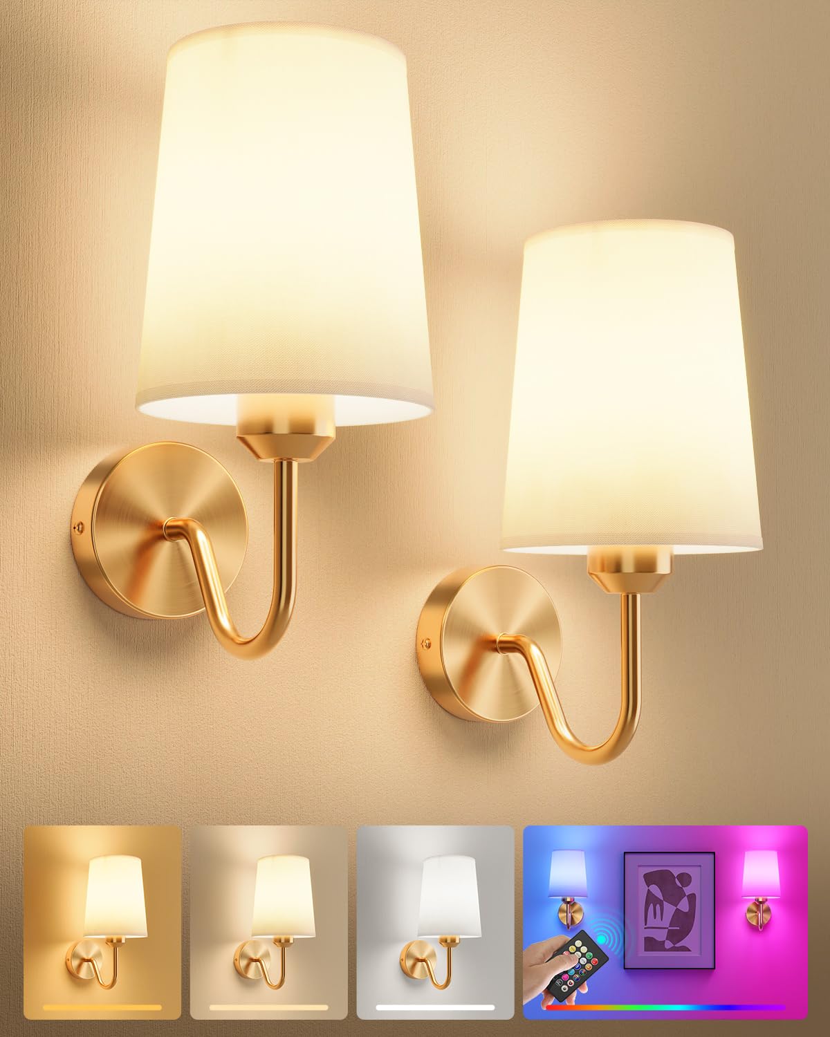 Photo 1 of Battery Operated Wall Sconces Set of 2, Remote Control, RGB Bulb, Gold