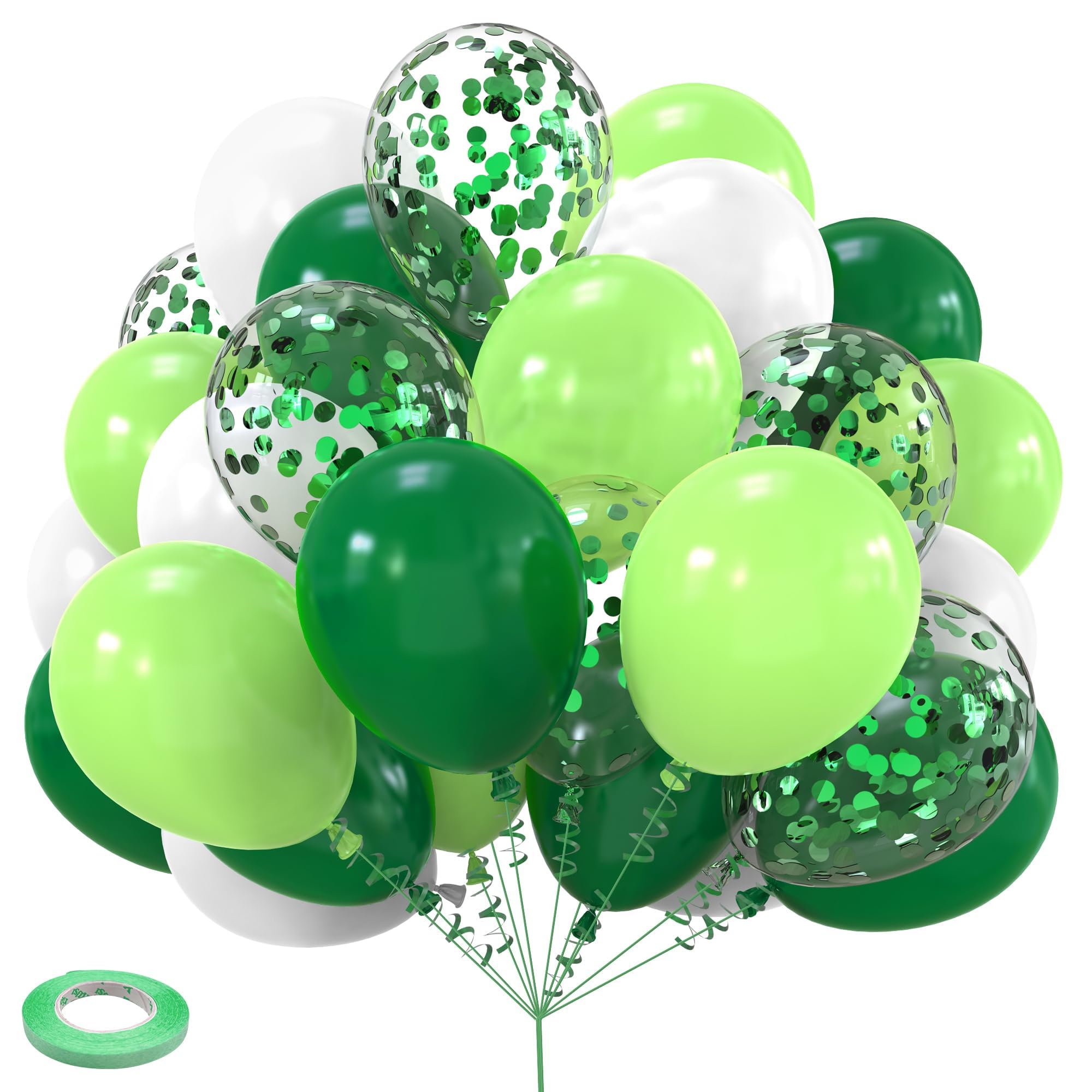 Green and White Balloons Set - 60 Pcs Party Balloons Decor - Green Confetti for Kids Birthday - Strong Latex Balloon Pack for St. Patrick's Day Baby Shower, Jungle Themed Party Decoration 12 Inch