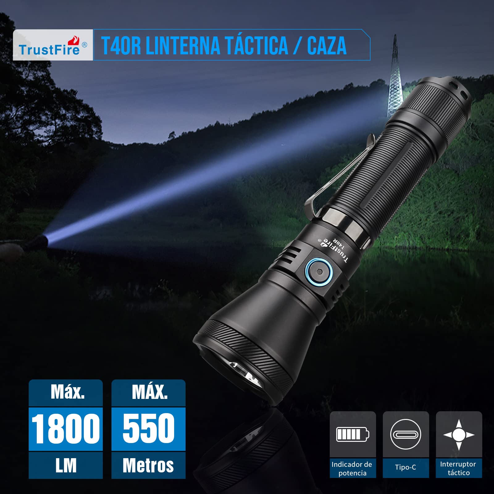 TrustFire Linternas Led Alta Potencia 1800 Lúmenes, T40R Linterna LED Recargable USB Táctica Militar, IP68, 550 Metros Linterna Caza Largo Alcance, Para Caza Búsqueda Rescate Emergencia Camping
