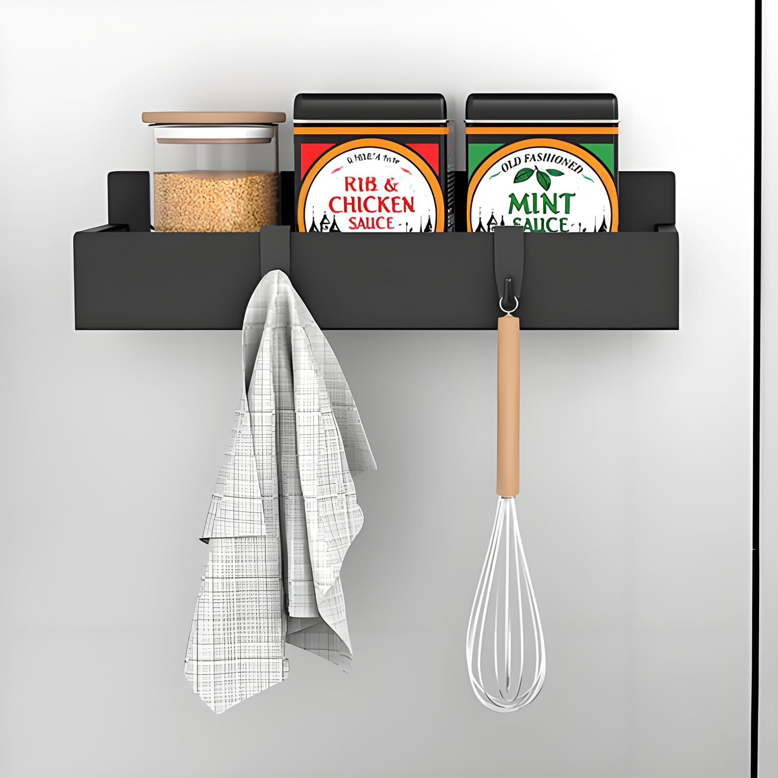Kühlschrank Regal Magnetisch, 2 Stück Magnet Regal Kühlschrank mit 4 Haken, Metall Magnetisches Gewürzregal Magnetic Spice Rack für Küche Aufbewahrung und Organisation, Schwarz