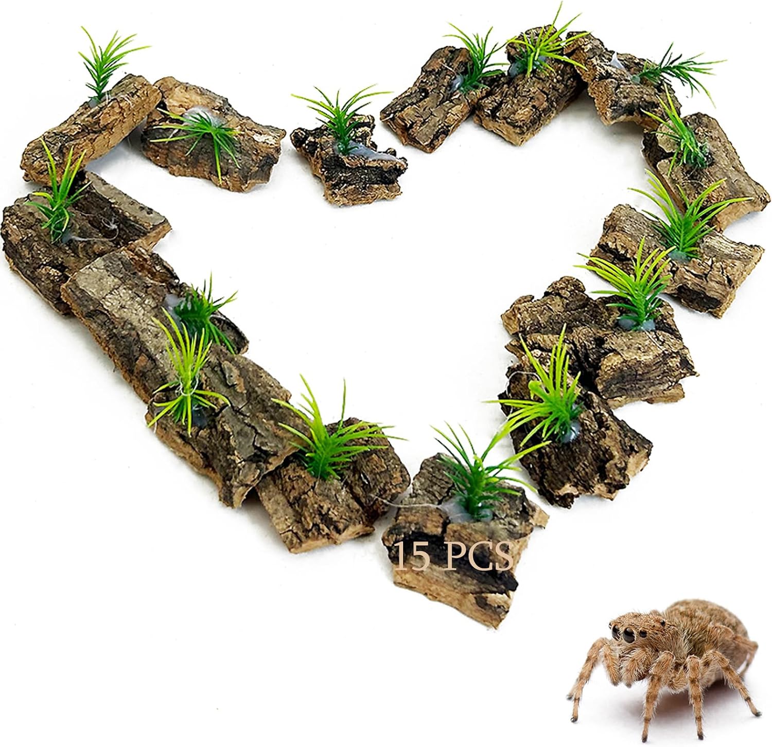 Jumping Spider Enclosure Accessories 15 Pcs Small Cork Bark for Tarantula Hide Spider Terrarium Decorations Reptiles Habitat Decor (Bark with Small Grasses)