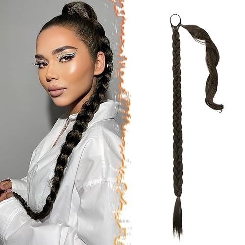 Miniatura 28 de BARSDAR 30 Inch Long Braided Ponytail Extension with Hair Tie - Straight Sleek Wrap Around Brown Braided Ponytail Hair Extensions - Synthetic Pony