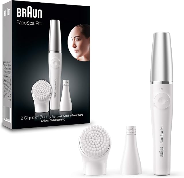 Braun FaceSpa Pro Beauty zestaw z depilatorem do twarzy dla kobiet, szczotka do oczyszczania twarzy, nasadka, usuwanie włosów i czyszczenie, prezent dla kobiet, SE910, biały/srebrny