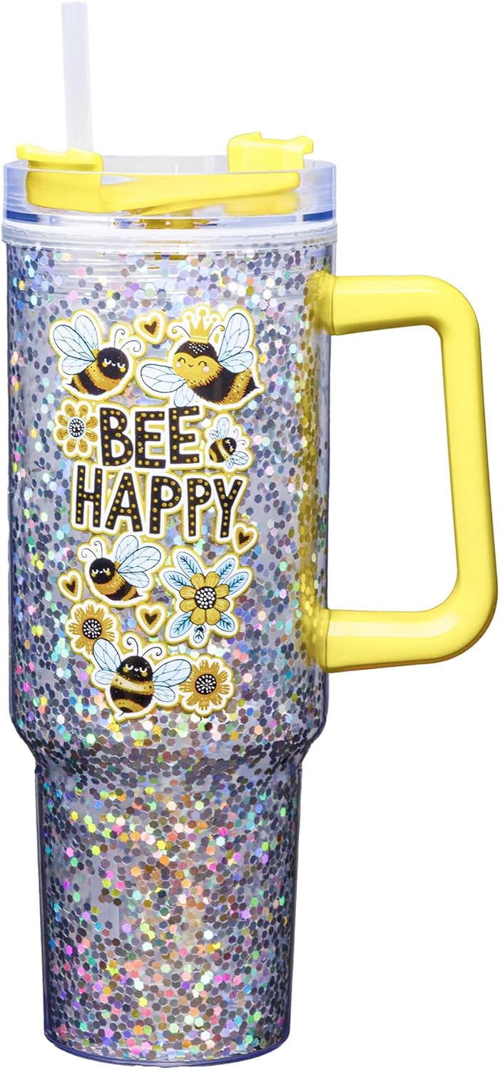 Spoontiques Bee Happy 40oz Acrylic Travel Mug - Double Wall Acrylic with Sliding Lock Travel Lid and Straw - 11" Tall