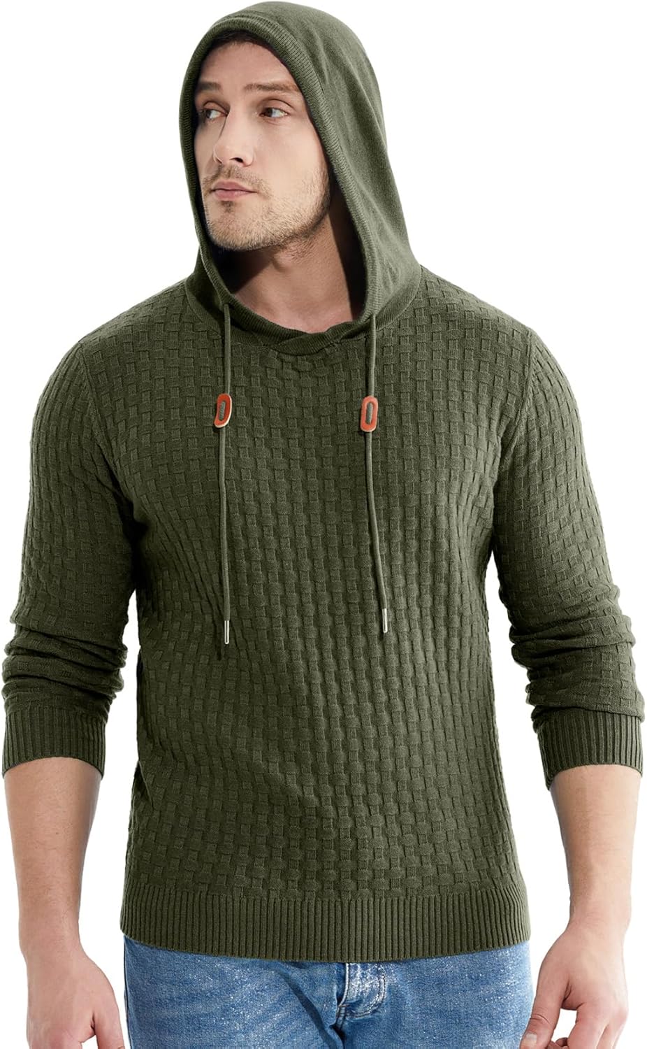 Askdeer Men's Pullover Sweater Long Sleeve Waffle Knitted Sweater Casual Soft Hoodie Pullover Sweaterwith Ribbing Edge Army Green - Image 2